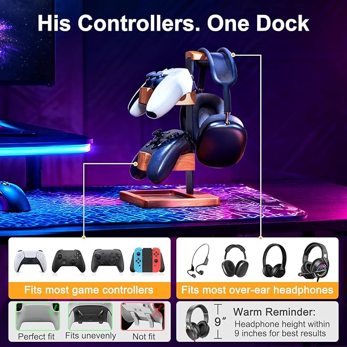 Solid Wood Controller Holder and Headphone Stand, Gaming Controller Stand - Image 4