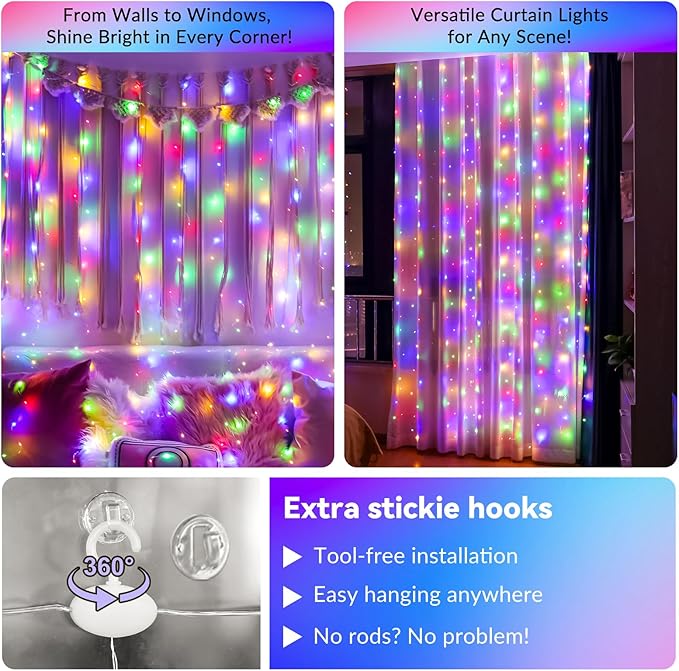 HXWEIYE 300LED Fairy Curtain Lights, 9.8x9.8Ft USB Plug-in 8 Modes Christmas - Image 2