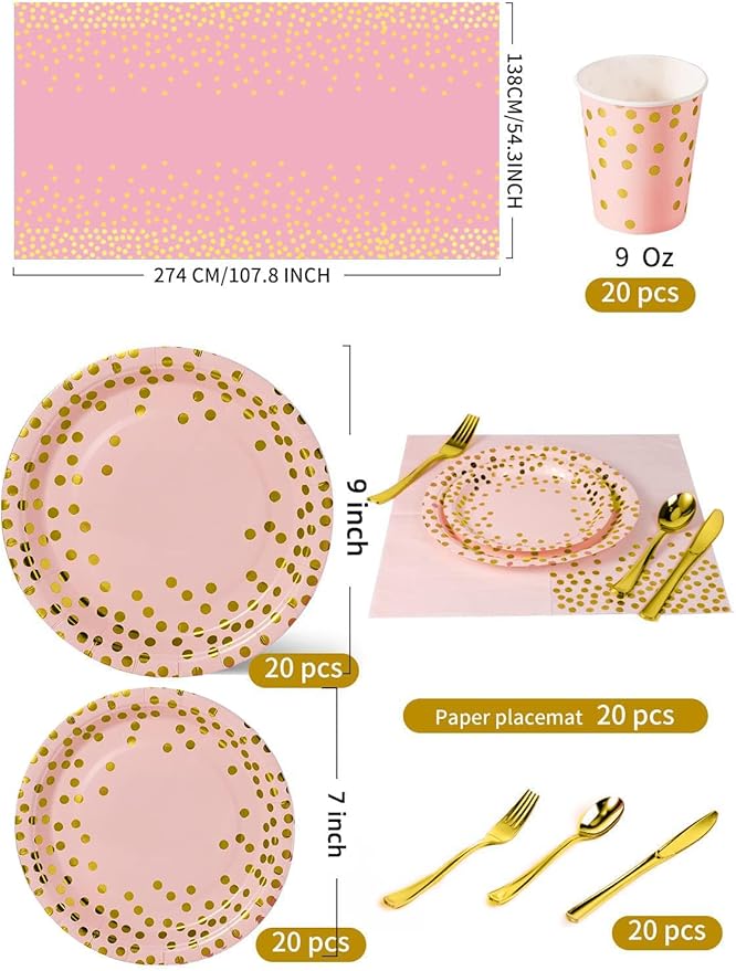 141 Pieces Pink Gold Party Supplies, Party Dinnerware Sets Include Paper Plates - Image 3