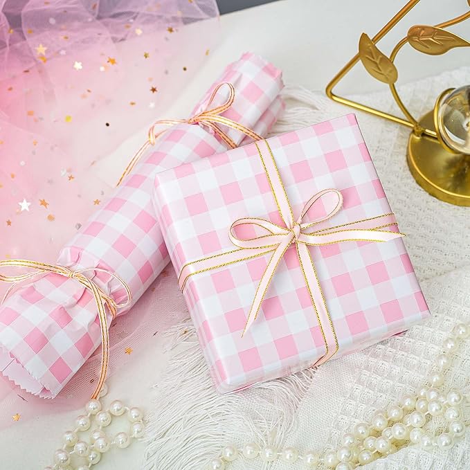 Burymento Pink Checkerboard Wrapping Paper, Gift Wrap - Image 3