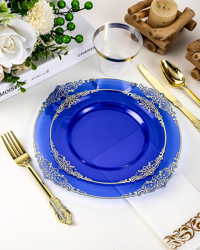 Goodluck 350 Piece Clear Blue Plastic Dinnerware Set - Image 4