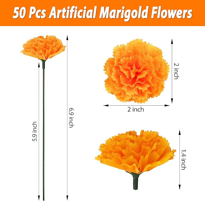 50 Pcs Artificial Marigold Flowers, Indian Wedding, DIY Wreath Garland - Image 2