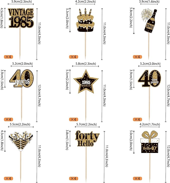36PCS Happy 40th Birthday Cupcake Toppers Double Sided Black Gold Forty Hello - Image 2