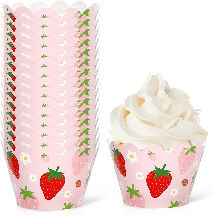 Whaline 36Pcs Strawberry Cupcake Wrappers Red Pink Strawberry Flower Cupcake by Whaline
