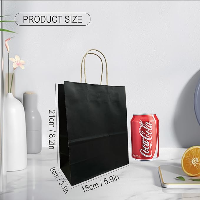 BAG BOX 50 Pack Small 5.9x3.1x8.25 Inch Black Kraft Paper Gift Bags - Image 2