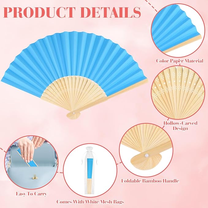 12 Pieces Blue Hand Held Bamboo Folding Fans Paper Fans Handheld - Image 3
