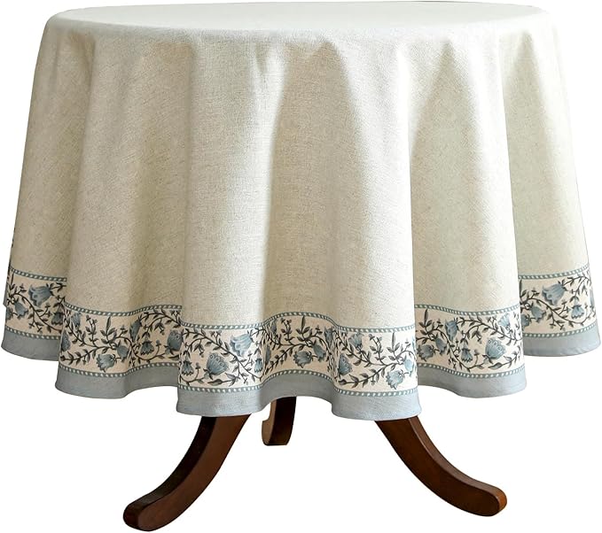 ISAENNE Designer Vintage Linen Elegant Small Round Tablecloth, Chinoiserie by Isaennehomedecoration