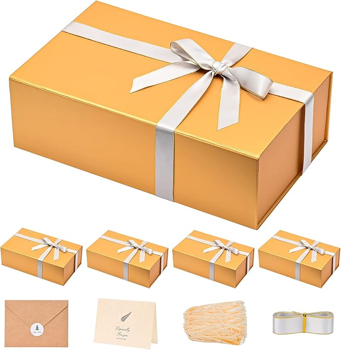 LIFELUM Gift Boxes with Lids for Presents 5 Pack 13.85 x 8.35 x 4.45 inch Gold by LIFELUM