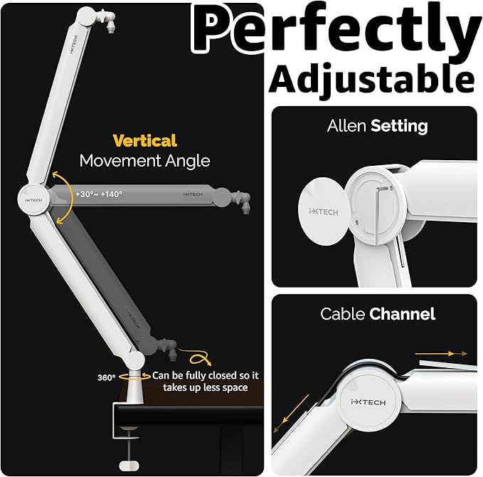 IXTECH Mic Arm White Premium Boom Arm 360° Rotatable Microphone Arm Stand - Image 7
