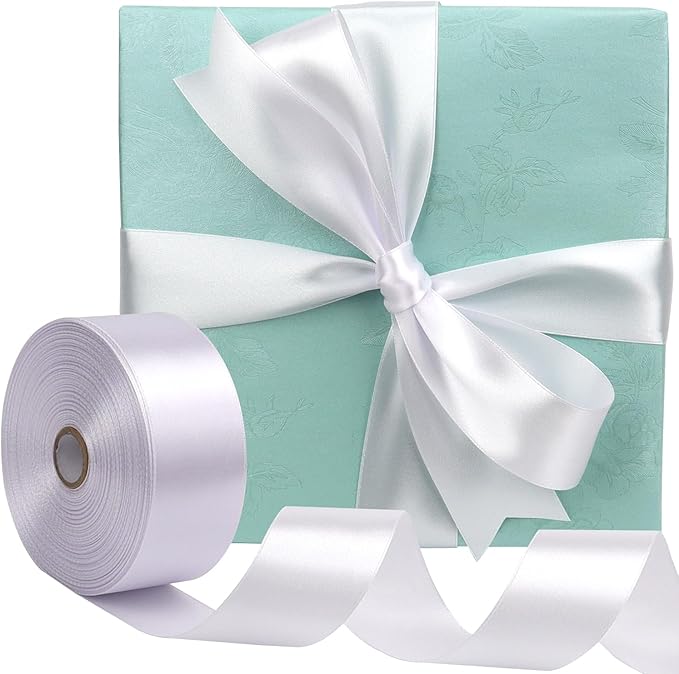 White Solid Satin Ribbon 1-1/2 Inch 50 Yards Solid Polyester Fabric Ribbon - Image 3
