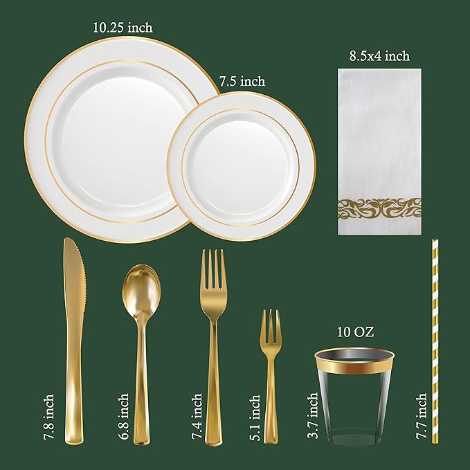 Neatiffy 225 Pcs Gold Rim Plastic Dinnerware Set | 25 x | - Image 2