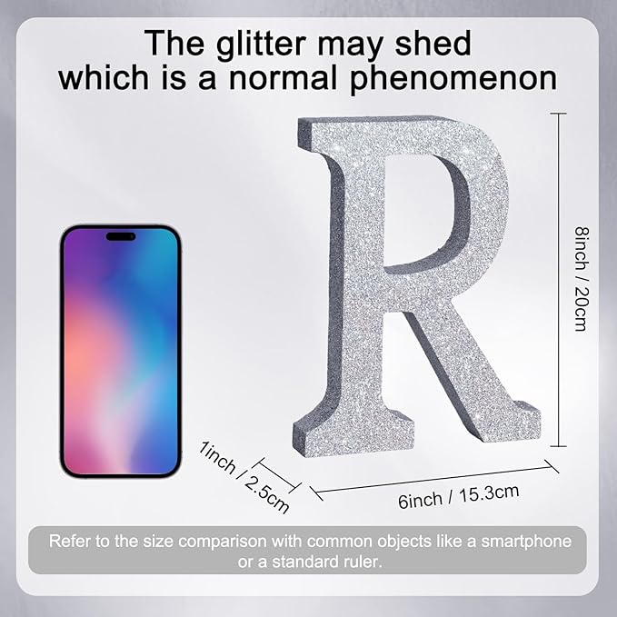 TONIFUL 8 Inch Silver Glitter Letter R Table Centerpiece A-Z Silver Birthday - Image 5