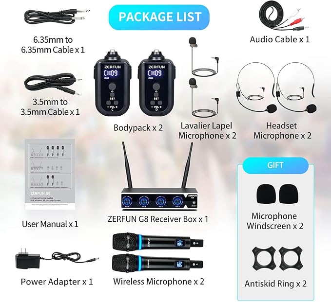 4 Channel Rechargeable Wireless Microphone System, Pro UHF Metal Handheld - Image 7