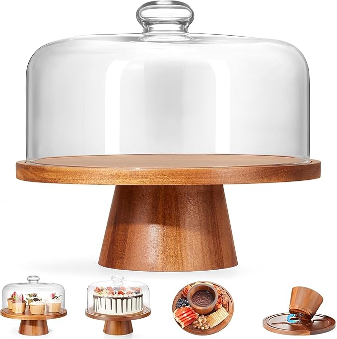 Wooden Cake Stand with Lid, Acacia Cake Stand with Glass Dome, 11-Inch by VIVIRBIEN