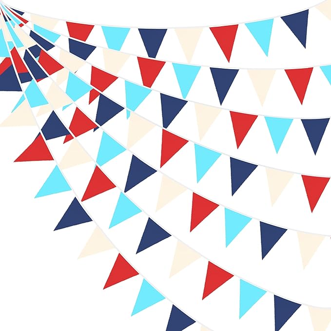 32Ft Red Blue White Nautical Pennant Banner Fabric Triangle Flag Bunting by pinkblume