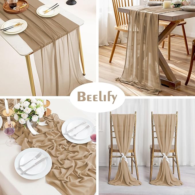 6 Pack 10 Ft Chiffon Table Runner Beige Gauze Long Table Runners 27x120 Inches - Image 3