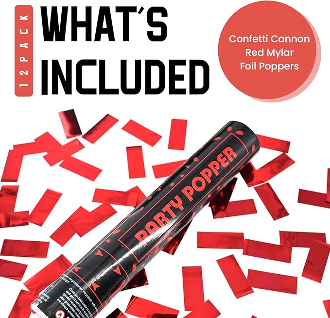 Party Poppers Confetti Cannon 12 Pack Red Poppers 12 Inch Party Shooters Mylar - Image 2