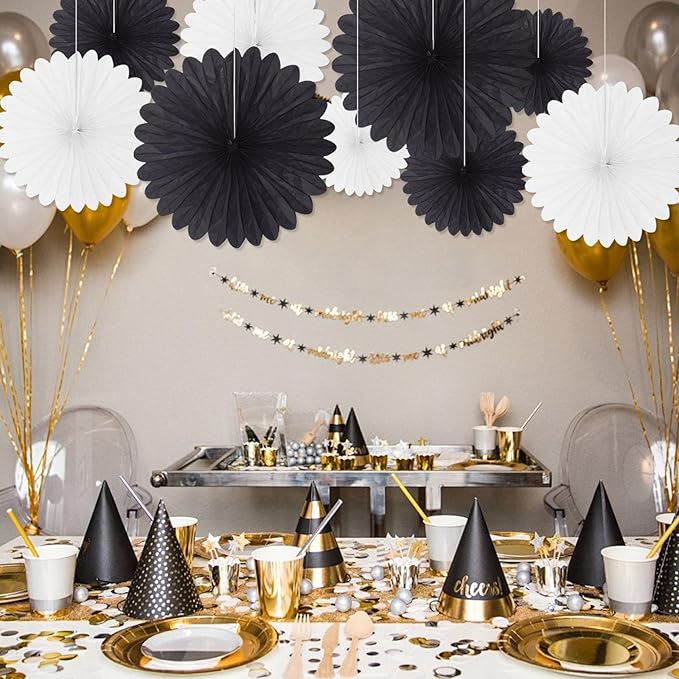 20 Pcs Black White Hanging Paper Fan, Round Paper Fans Decorations Set - Image 5