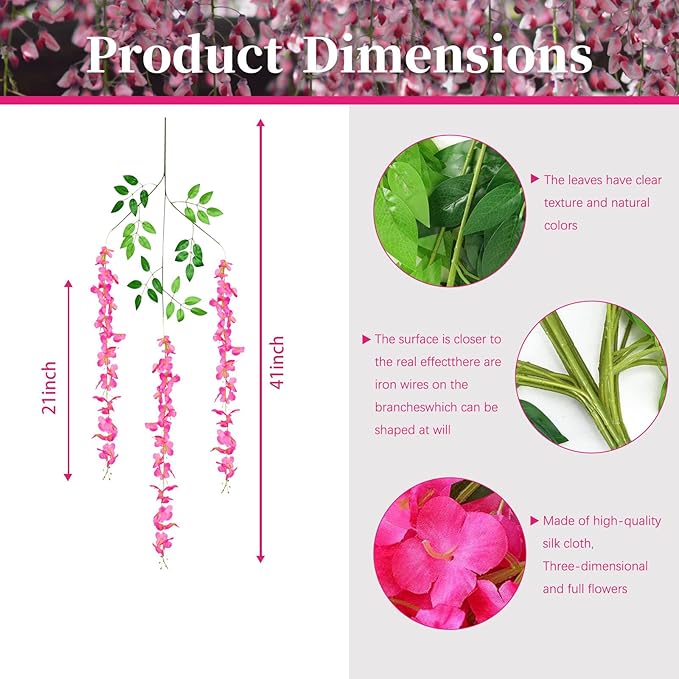 5 Pack Fuchsia Wisteria Hanging Flowers, 3.44 Ft Fake Hanging Flowers, - Image 3
