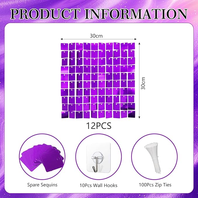 12PCS Purple Shimmer Wall Backdrop, Square Sequin Photo Backdrops Panel - Image 2