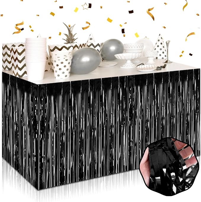 3 Pack 29 x108 Inch Black Foil Fringe Table Skirts Metallic Banner by Mebiornt