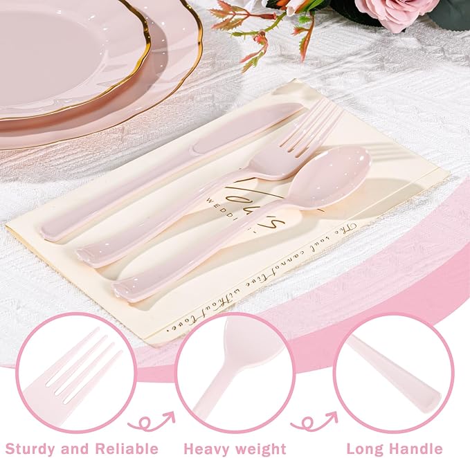Supernal 300 Pieces Pink Plastic Silverware Heavy Duty Disposable Silverware - Image 4