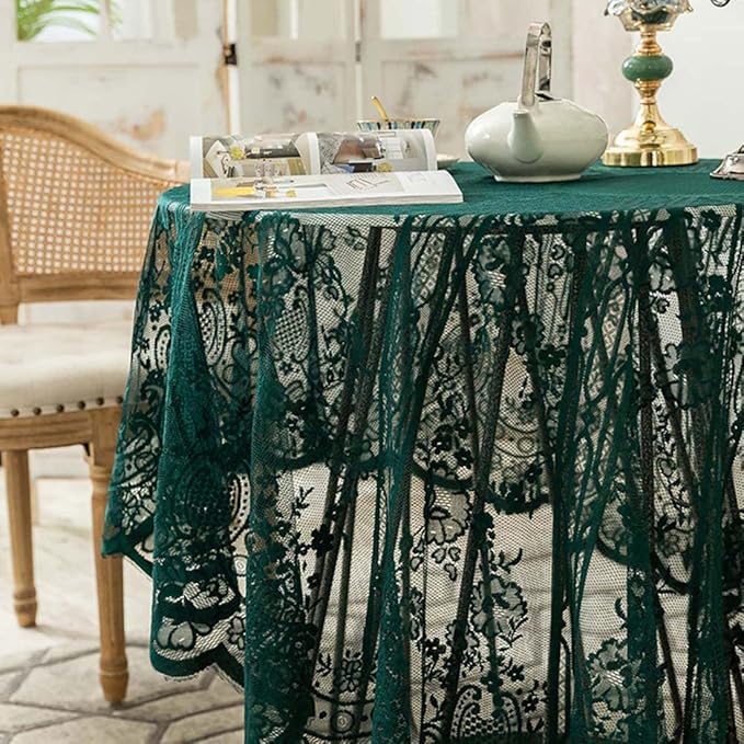 Vintage 60 inch Green Lace Tablecloth Floral Embroidered Boho Shabby Chic Small - Image 4