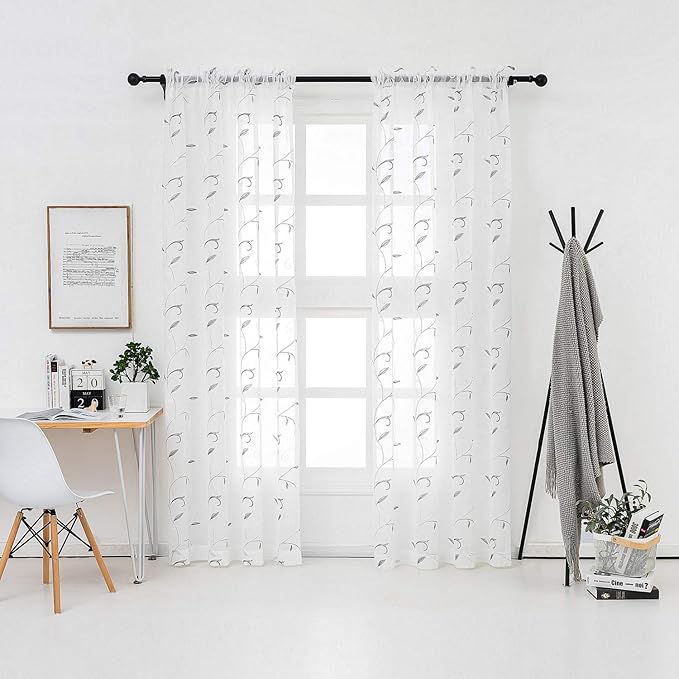 VISIONTEX White Sheer Voile Curtains Loop Embroidered, Decorative Grey Leaves - Image 2