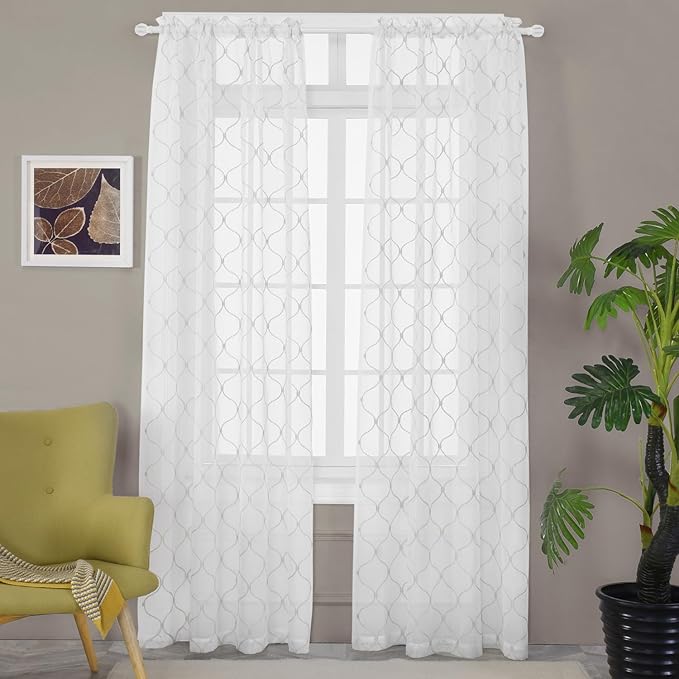 Embroidered Wave Diamond Sheer Curtains White 95 Inches, Window Treatments Rod - Image 7