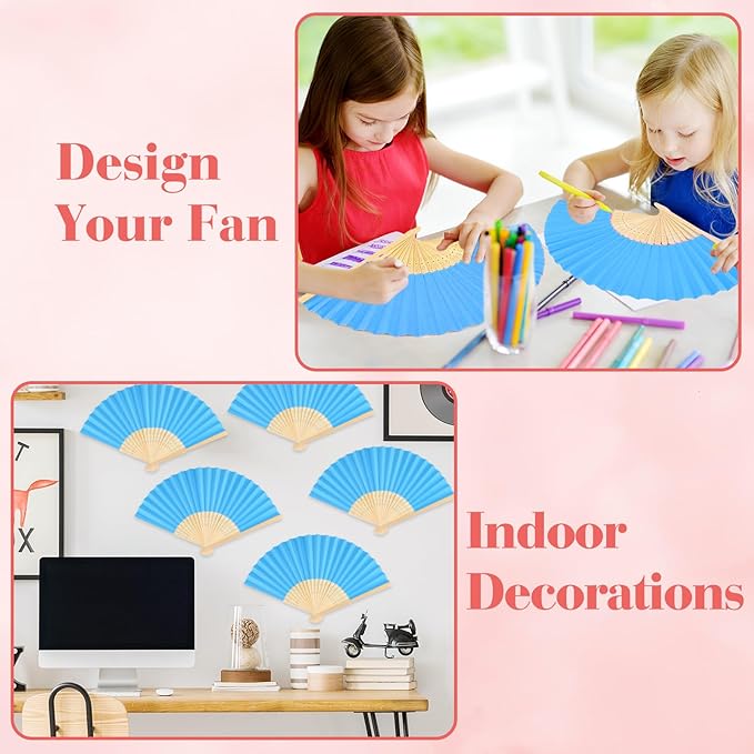 12 Pieces Blue Hand Held Bamboo Folding Fans Paper Fans Handheld - Image 4