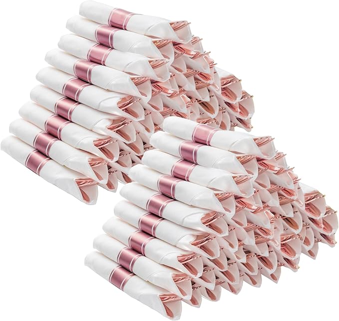 BESTVIP 100 Pack Pre Rolled Rose Gold Plastic Silverware Set, Disposable by Bestvip