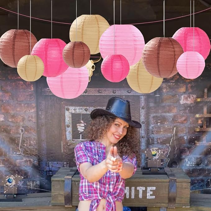 Pink Brown Paper Lanterns Decorative 12pcs Party Hanging Decorations - Image 8