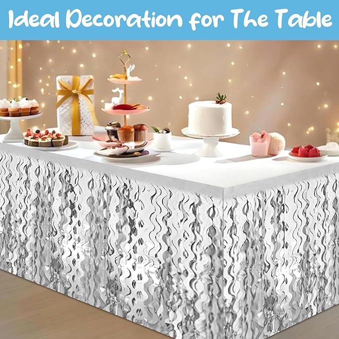 6 Pack 29 x108 Inch Silver Wave Foil Fringe Table Skirts Metallic Banner - Image 4