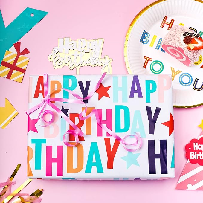 LeZakaa Reversible Stars Birthday Wrapping Paper Roll, Happy Birthday Lettering - Image 5