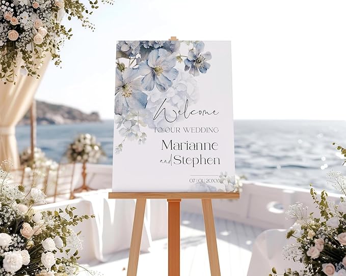 Welcome Wedding Sign Personalized, Soft Blue Flower Wedding Sign Decorations by CENOVACY