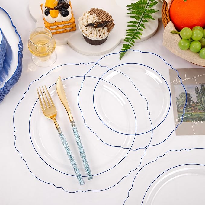 Liacere 150PCS Clear and Blue Plastic Plates-Clear and Blue Disposable Plates - Image 7