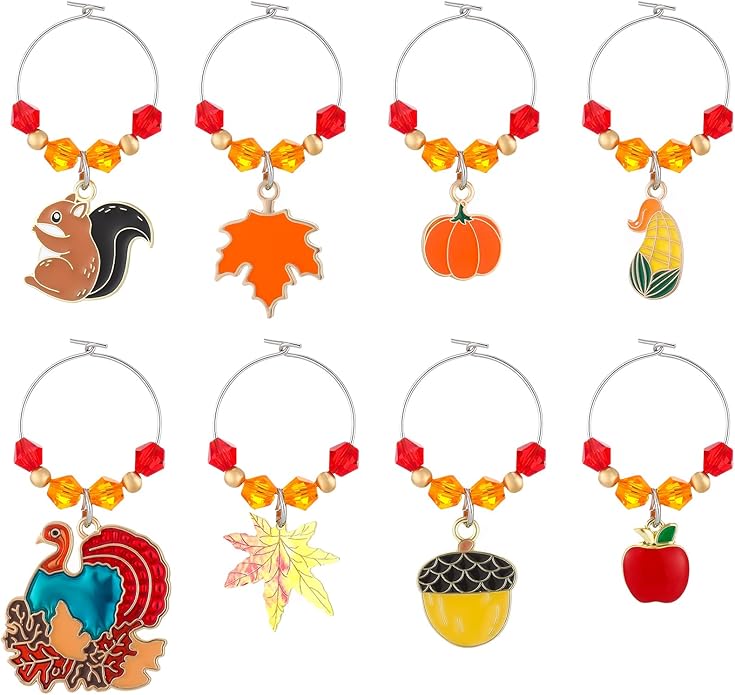 Sasylvia 8 Pieces Thanksgiving Fall Wine Glass Charms Fall Glass Markers by Sasylvia