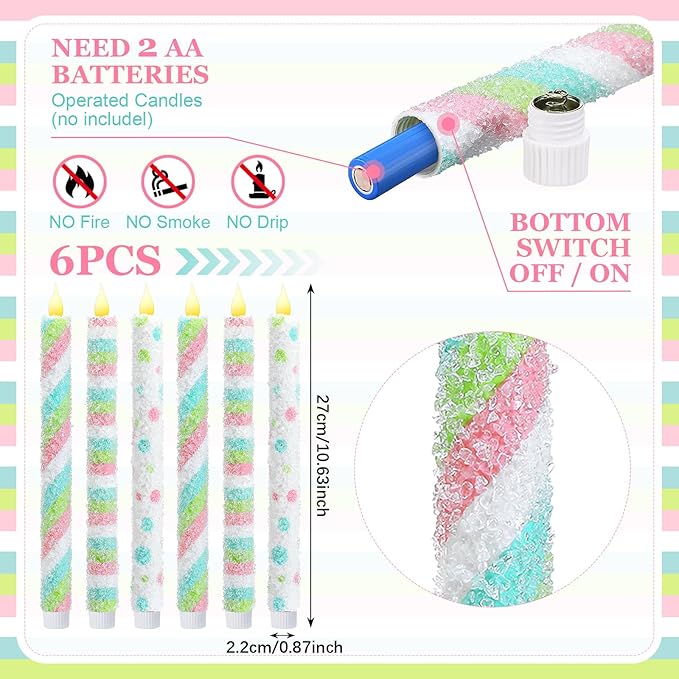 Baquler 6 Pcs Candy Theme Flameless Taper Candles 10.6 Inch Colorful Candy - Image 2