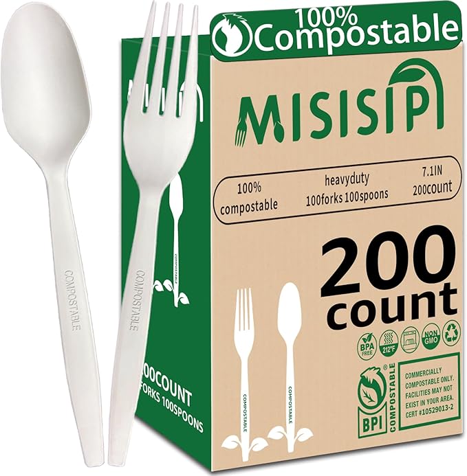 MISISIPI 100% Compostable Forks and Spoons Utensils Cutlery Silverware by MISISIPI
