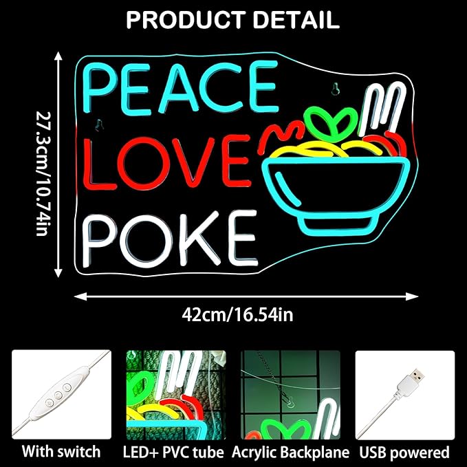 Looklight Peace Love Poke Ramen Neon Sign, Noodles Led Lights Neon Lights - Image 5