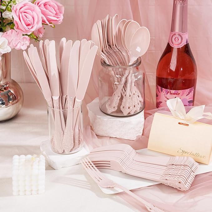 WDF 120 Pieces Heavy Duty Pink Plastic Silverware - Image 4