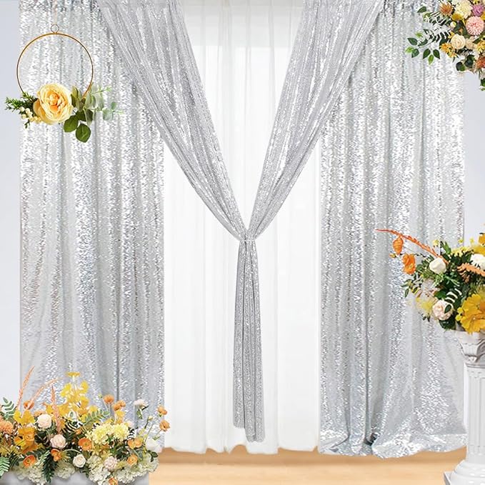 Eternal Beauty Sequin Backdrop Curtains, 2x8 Ft-2 Panels Silver Back Drop - Image 3