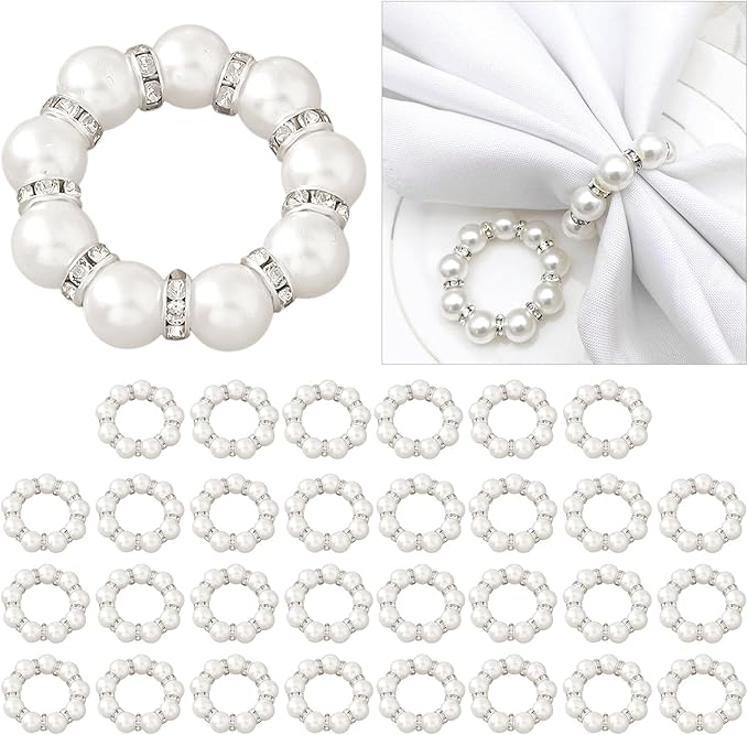 30Pcs Pearl Napkin Rings, Round Napkin Buckles Wedding Beaded White Napkin by Unknown