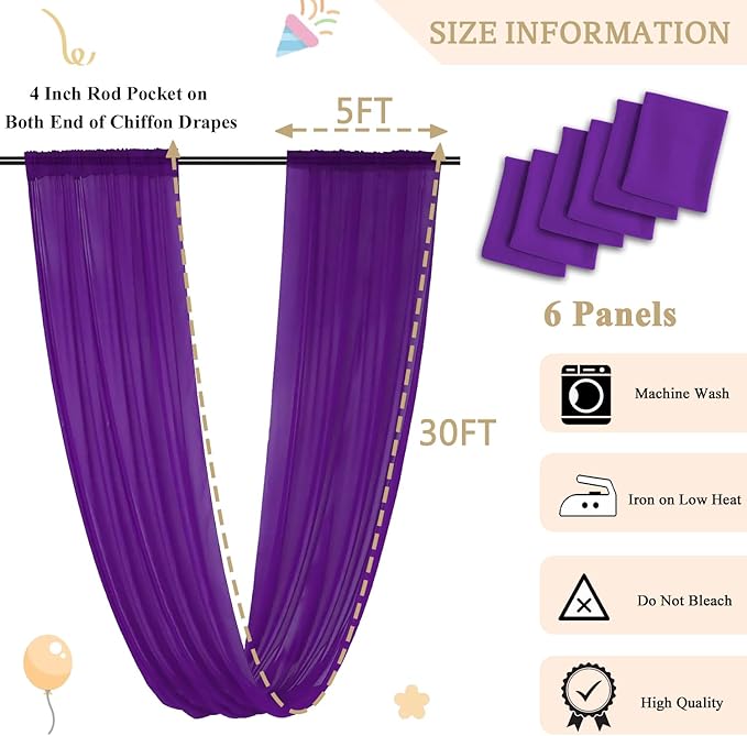 MODFUNS Purple Ceiling Drapes for Weddings Arch Drapery Fabric 6 Panels 5x30ft - Image 3