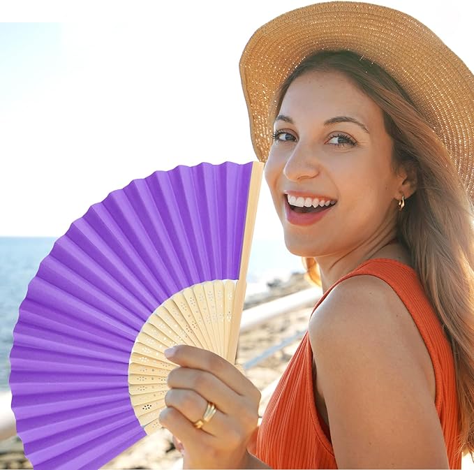 12 Pieces Purple Hand Held Bamboo Folding Fans Paper Fans Handheld - Image 7