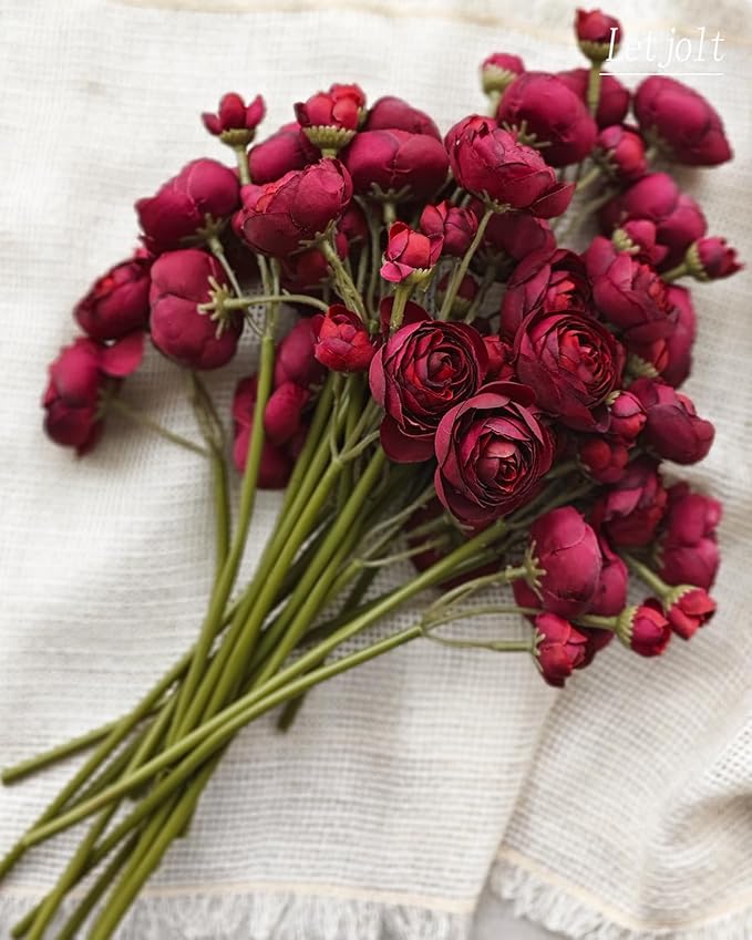 Letjolt Ranunculus Artificial Flower 18 Pcs Red Silk Ranunculus Wedding Bouquet - Image 6