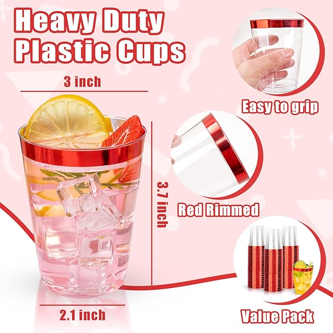DaYammi 100 Pack Red Plastic Cups 10 Oz Clear Red Rimmed Plastic Cups - Image 2