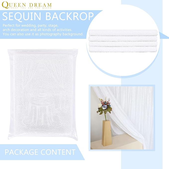 White Sequin Backdrop 2 Panels Curtains 2FTx8FT Party Backdrop Glitter Birthday - Image 7