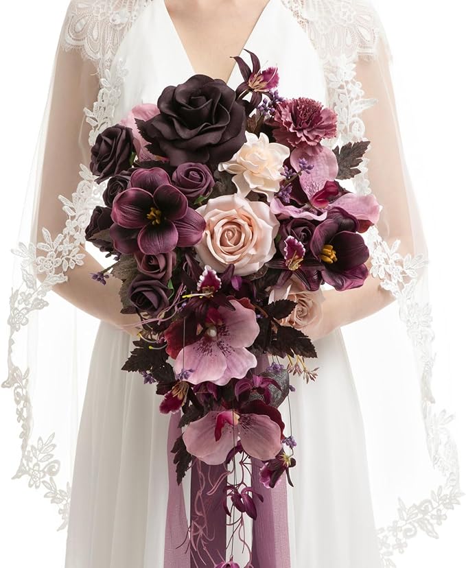 Ling's moment Purple Bridal Bouquet Cascading, Plum Wedding Bouquets by LingsMoment