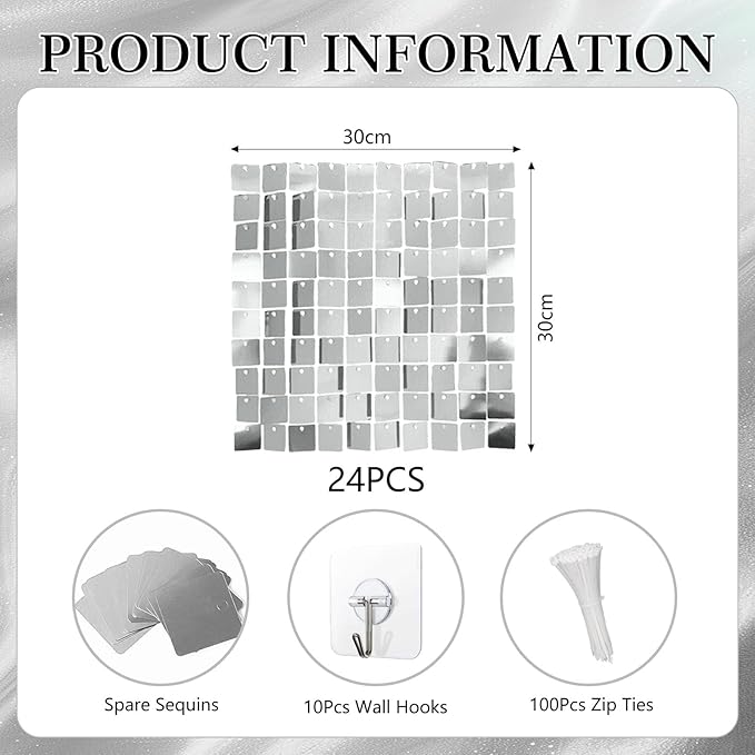 24PCS Silver Shimmer Wall Backdrop, Square Sequin Backdrops Panel, Glitter Wall - Image 2